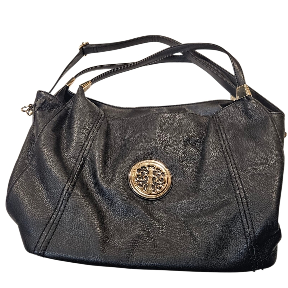 DS Bags Black Faux Leather Tote with Gold Medallion – Large Shoulder Purse